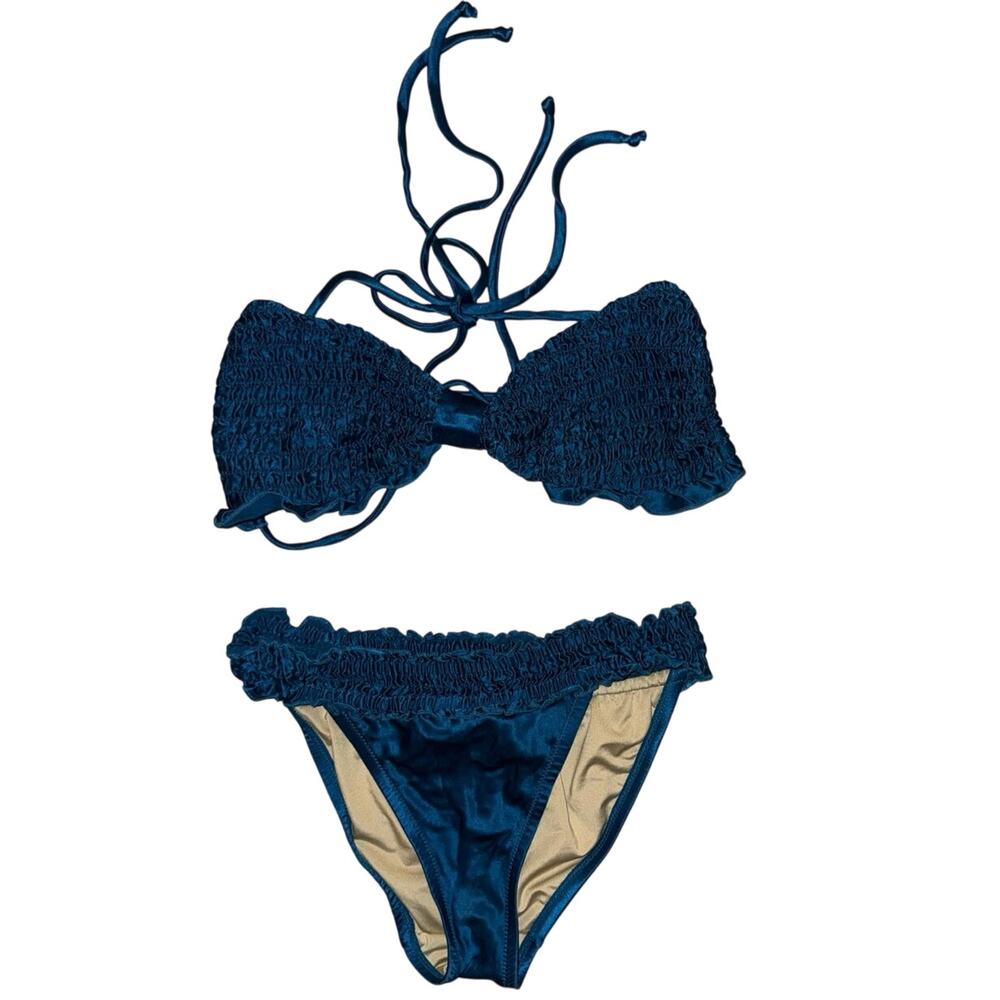 VICTORIA'S SECRET VS BIKINI BLUE TOP MEDIUM BOTTOM SMALL RUFFLE RUCHED TEXTURE